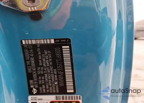 2007 Mini Cooper z USA, uszkodzony, nr VIN WMWMF33577TL68500